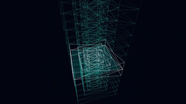 Seamless 4K loop holographic tower lattice architectural geometry with vertical scanner sweep for futuristic digital twin visualization, metaverse environments, and smart city blueprint presentations.