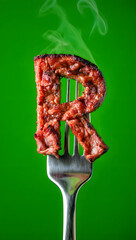 Grilled meat shaped as letter R on a fork with green background