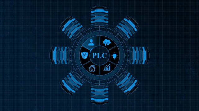Programmable Logic Controller P L C Industrial Automation Technology Concept with Blue on Dark Background