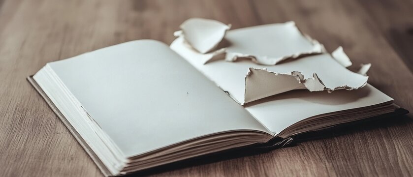 Torn book pages on wooden surface loss time memory concept