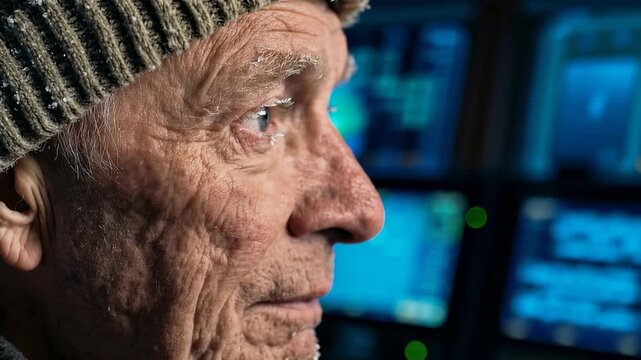 An elderly man with distinctive facial features is shown in profile view. Multiple screens are visible in the background displaying digital data.
