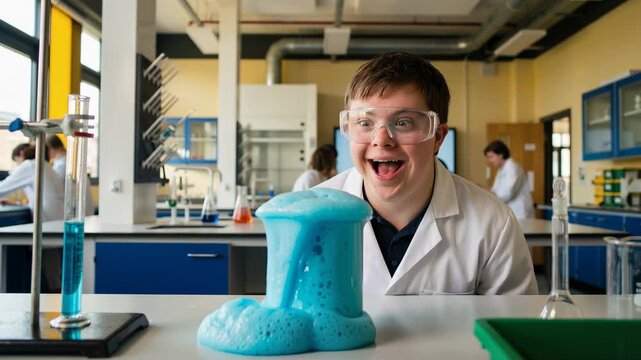 A student with special needs in a laboratory performs a chemistry experiment that produces foam. Other laboratory workers are visible in the background, engaged in their tasks