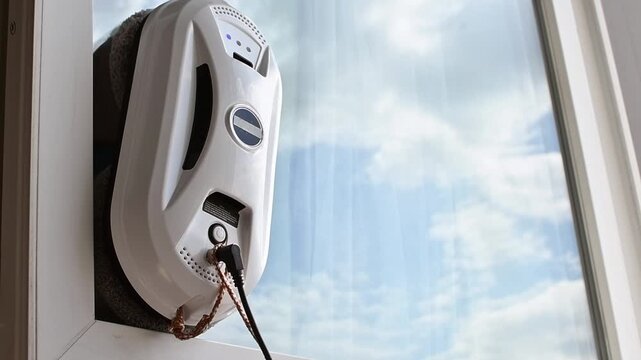 Robotic window cleaner gets trapped in frame corner during home glass washing, showing navigation limit on vertical pane