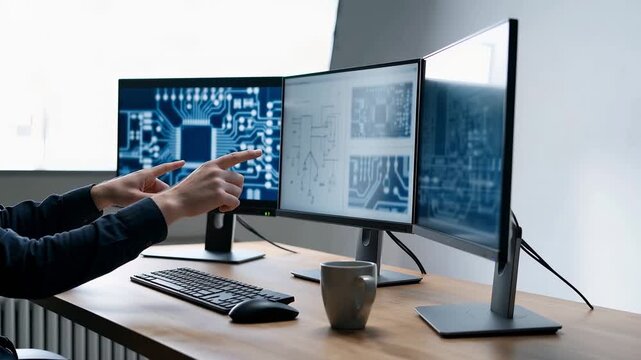 Two hands point at computer monitors showing detailed circuit board designs in an office environment. support technology, engineering, or business themes