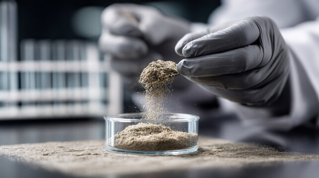 A lab technician carefully analyzes a soil sample in a glass dish