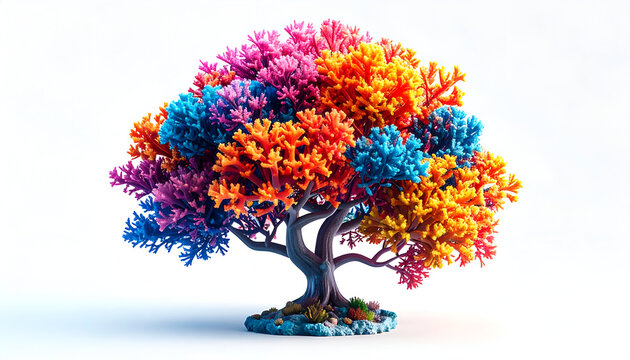 Vivid coral tree artwork with colorful branches on white background for design use
