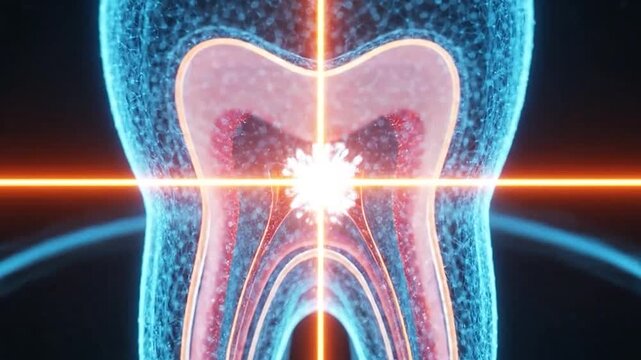 Abstract digital illustration of a healthy tooth with glowing internal structure
