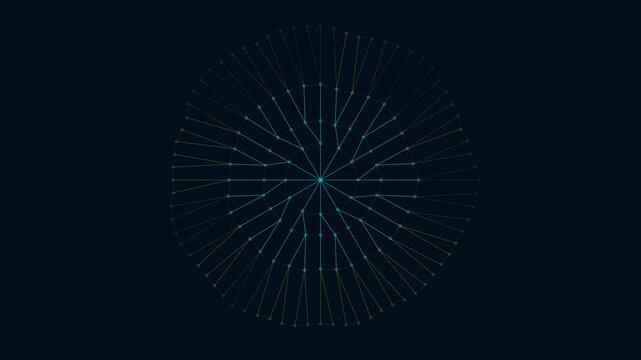 Seamless 4K loop of fintech concentric rings with fractal branch expansion simulating market diversification and consolidation. Ideal for financial technology presentations and data visualizations.