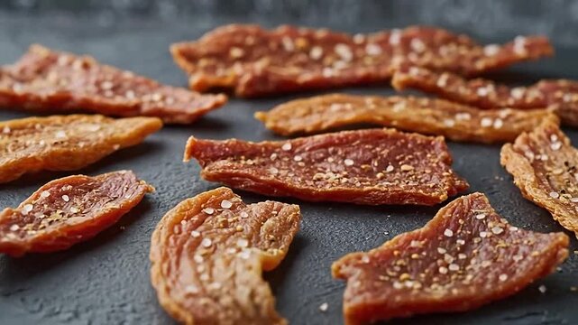 Dehydrated meat strips seasoned with spices and coarse salt