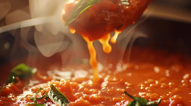 A spoon pours homemade tomato sauce into a pot with fresh basil leaves on a kitchen counter.