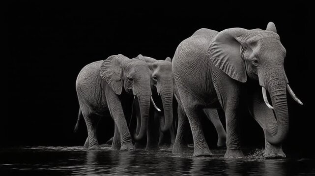 Elephants walking through water black and white wildlife portrait