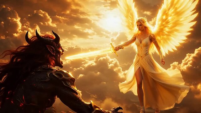angel and demon confrontation in sky