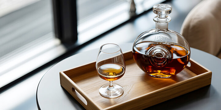 Glass bottle of brown liquor and glass on wooden tray on table by window