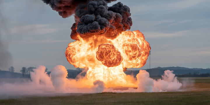 Large explosion with fire and smoke on a field outdoors