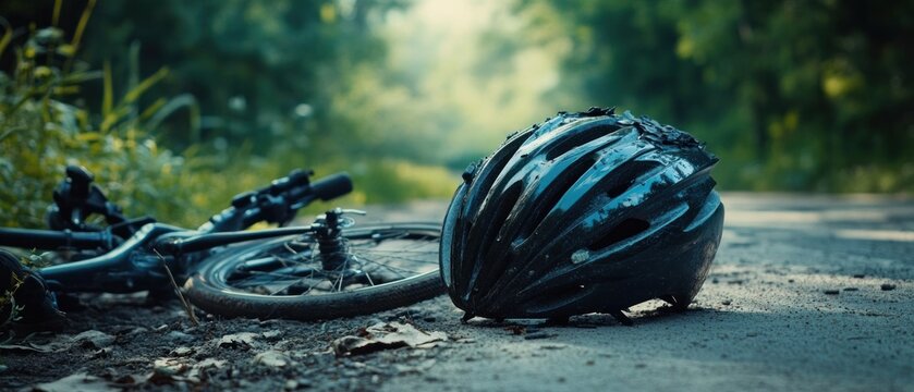 Damaged bicycle and helmet on forest path