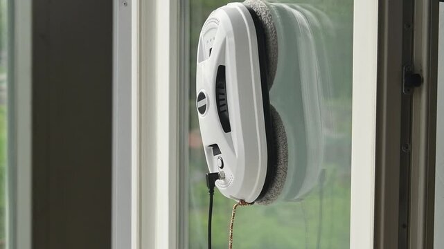 Robotic window cleaner washes glass surface, moving steadily across pane with microfiber pads and power cord