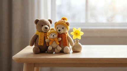 Teddy bear family wearing scarves sitting on wooden table with yellow flower in cozy home