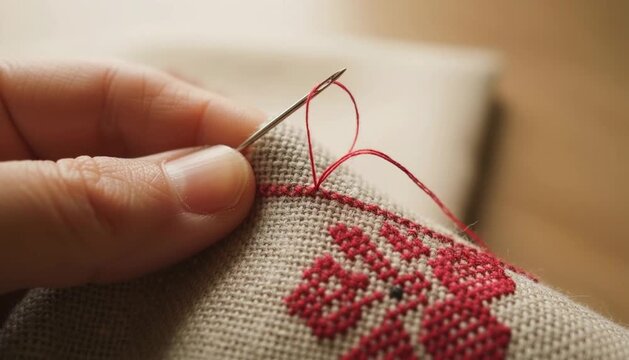 Hand embroidering a red cross stitch pattern on fabric