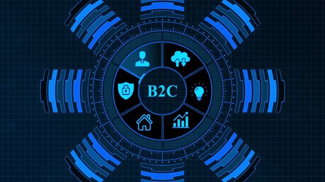 Business to Consumer B2 C Model Infographic on Dark Blue Background with Blue e-commerce online shopping