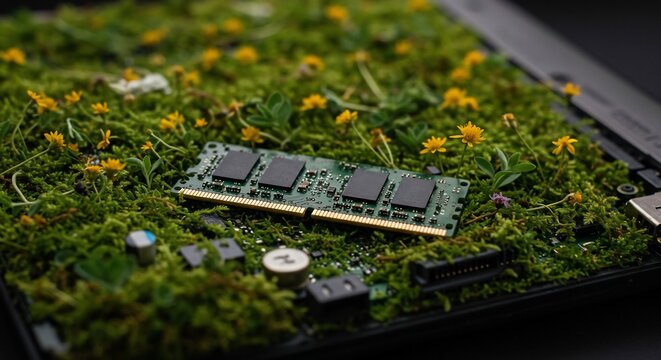 RAM module on green moss with yellow flowers.