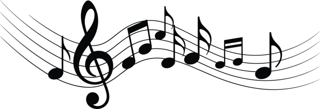 Black musical notes and treble clef on white background in a flowing arrangement black and white sheet music