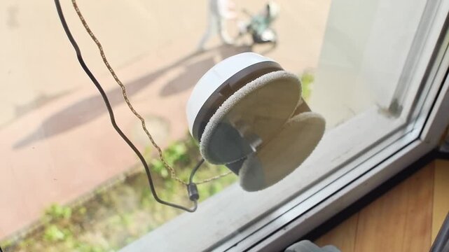 Close view of robotic window cleaner moving across outer window glass near lower frame seen from indoors in daylight