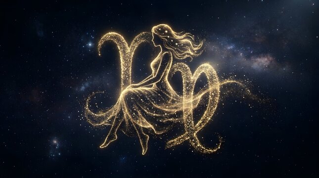 An elegant illustration of the Virgo zodiac sign, featuring a female silhouette of sparkling gold particles against a dramatic nebula galaxy background