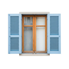 Fototapeta premium Quaint window with blue shutters and wooden frame on a building facade isolated on transparent background