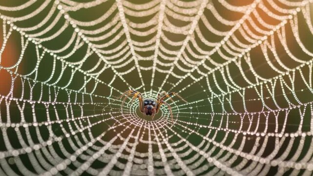 Spider in the Center of Web Closeup.