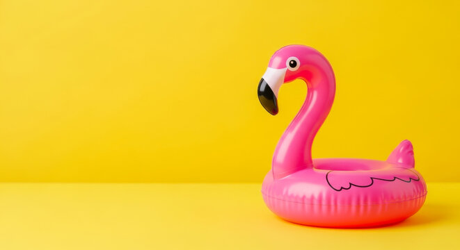 Pink inflatable flamingo pool float on a bright yellow background