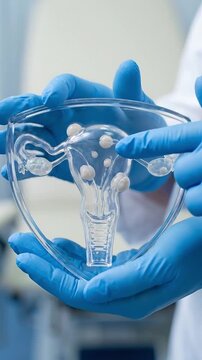 Medical uterus hologram model doctor hand blue glove holding female reproductive organ anatomy clinic healthcare education fertility gynecology concept care human reproductive system organ diagnosis