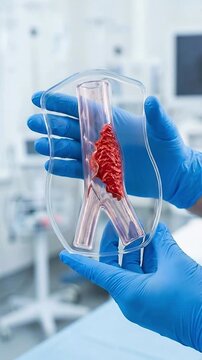 Medical hologram artery model doctor hand blue glove surgery hospital background vascular disease education modern healthcare innovation clean sterile lab transparent vessel blood clot thrombosis