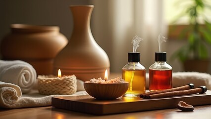 spa composition with incense sticks air humidifier and aroma oils relaxing wellness atmosphere concept of aromatherapy, spa treatments, home wellness