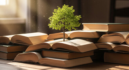 Obraz premium Serene reading nook with tree amidst stacked books on wooden table