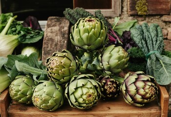 Obraz premium Vibrant Fresh Artichokes and Healthy Vegetables: An Organic Produce Display with a Rustic Market Harvest Feel