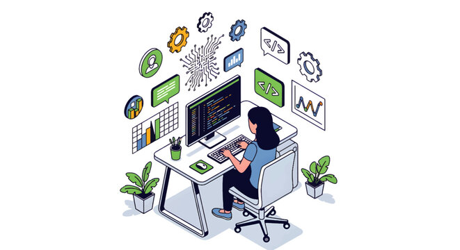 A female programmer is coding on a computer, surrounded by tech icons, data graphs, and software development symbols, representing a modern digital workspace and innovation