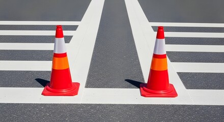 Two orange and white traffic cones placed on a zebra crossing with white stripes road