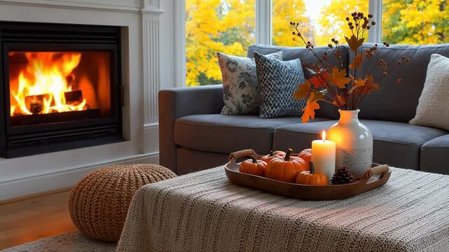 Cozy living room with fireplace and autumn decor