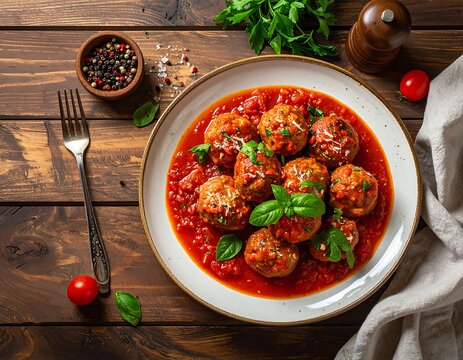 A plate of meatballs in red sauce on a wooden table