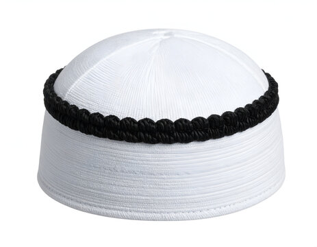 White textured fabric skullcap with black braided trim