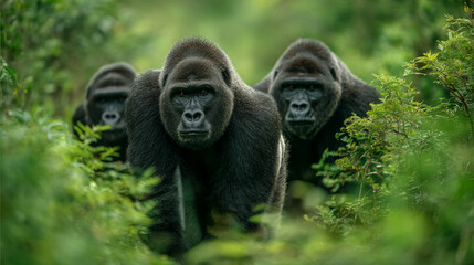 Fototapeta premium Three gorillas standing together amidst lush green foliage in a forest