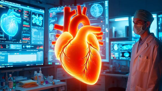 Doctor observing holographic heart in lab