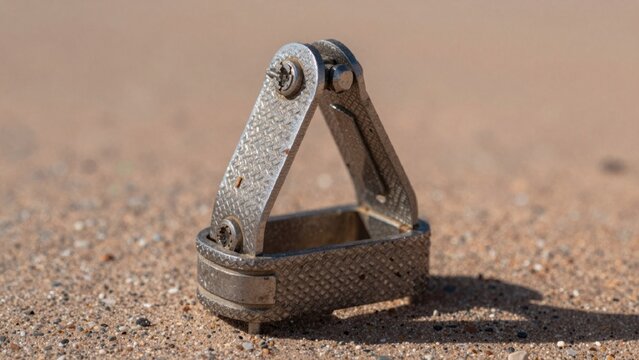 Close-up small antique-looking metal object possibly compass resting sandy surface shaped like triangular pris