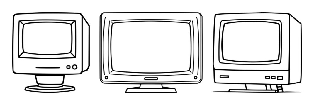 Computer monitor set with geometric vector icon with retro 1980s style and consistent stroke width featuring classic design, retro tech, icon with bold outlines and white background