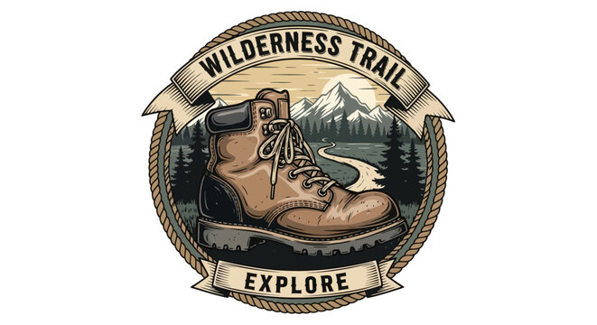 Vintage wilderness trail badge with hiking boot, mountains, river, and forest for outdoor adventure exploration