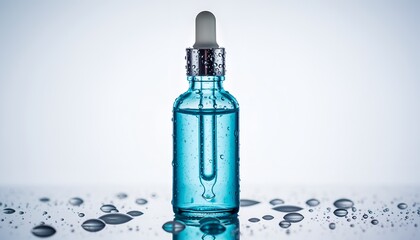 Glass bottle with cosmetic serum and pipette with water drops on reflective surface
