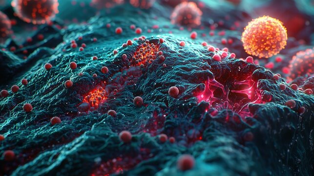 Rosacea Awareness Month: medical scientific illustration of skin affected by rosacea viewed under microscope, demodex mites, inflamed hair follicles, dilated capillaries, bacteria