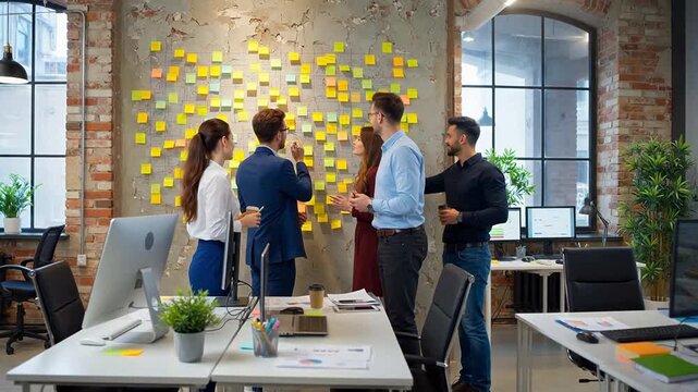 Office team discussing sticky notes on wall