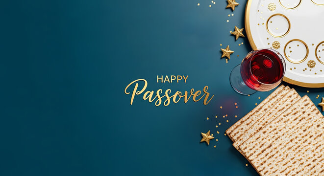 Flat lay composition of passover seder plate with matzah bread and wine glass surrounded by gold stars. Happy passover greeting in gold lettering on blue background. Jewish holiday tradition and