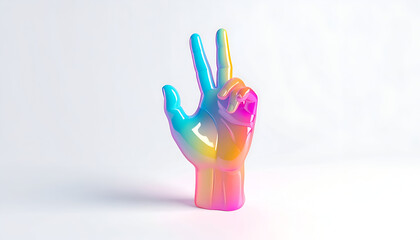 Iridescent hand sculpture displaying peace gesture on a white backdrop for creative use
